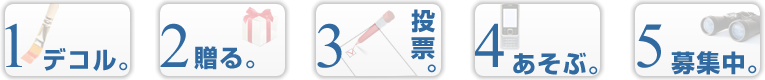 1.デコル。2.贈る。3.投票。4.あそぶ。5.募集中。